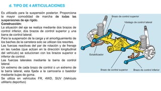d. TIPO DE 4 ARTICULACIONES
Es utilizado para Ia suspensión posterior. Proporciona
la mayor comodidad de marcha de todas las
suspensiones de eje rígido.
Construcción:
La situación del eje se realiza mediante dos brazos de
control inferior, dos brazos de control superior y una
barra de control lateral.
Para la suspensión de la carga y el amortiguamiento de
los baches de la carretera solo se utilizan los resortes.
Las fuerzas reactivas del par de rotación y de frenaje
en las ruedas (que actúan en la dirección longitudinal
del vehículo) se solucionan con los brazos superior e
inferior de control.
Las fuerzas laterales mediante la barra de control
lateral.
Un extremo de cada brazo de control o un extremo de
la barra lateral, esta fijada a la carrocería o bastidor
mediante bujes de goma.
Se utiliza en vehículos FR, 4WD, SUV (Vehículo
utilitario deportivo)
 
