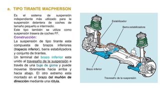 a. TIPO TIRANTE MACPHERSON
Es el sistema de suspensión
independiente más utilizado para la
suspensión delantera de coches de
tamaño pequeño e intermedio.
Este tipo también se utiliza como
suspensión trasera de coches FF.
Construcción:
La suspensión de tipo tirante esta
compuesta de brazos inferiores
(trapecio inferior), barra estabilizadora
y conjunto de tirantes.
Un terminal del brazo inferior esta
unido al travesaño de la suspensión a
través de una buje de goma y puede
moverse libremente hacia arriba y
hacia abajo. El otro extremo esta
montado en el brazo del muñón de
dirección mediante una rótula.
 