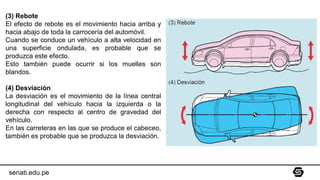 senati.edu.pe
(3) Rebote
El efecto de rebote es el movimiento hacia arriba y
hacia abajo de toda la carrocería del automóvil.
Cuando se conduce un vehículo a alta velocidad en
una superficie ondulada, es probable que se
produzca este efecto.
Esto también puede ocurrir si los muelles son
blandos.
(4) Desviación
La desviación es el movimiento de la línea central
longitudinal del vehículo hacia la izquierda o la
derecha con respecto al centro de gravedad del
vehículo.
En las carreteras en las que se produce el cabeceo,
también es probable que se produzca la desviación.
 