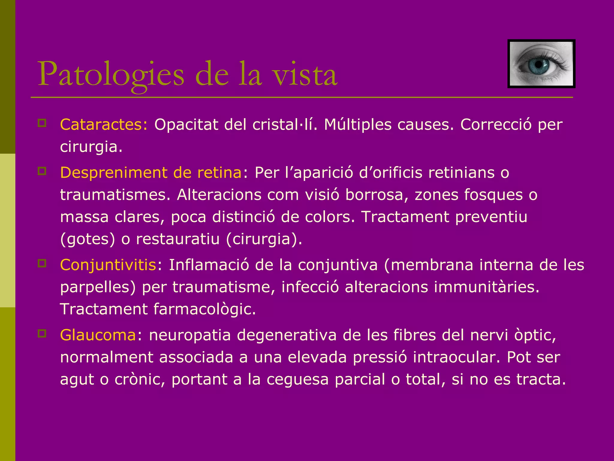 Patologies de la vista
 Cataractes: Opacitat del cristal·lí. Múltiples causes. Correcció per
cirurgia.
 Despreniment de retina: Per l’aparició d’orificis retinians o
traumatismes. Alteracions com visió borrosa, zones fosques o
massa clares, poca distinció de colors. Tractament preventiu
(gotes) o restauratiu (cirurgia).
 Conjuntivitis: Inflamació de la conjuntiva (membrana interna de les
parpelles) per traumatisme, infecció alteracions immunitàries.
Tractament farmacològic.
 Glaucoma: neuropatia degenerativa de les fibres del nervi òptic,
normalment associada a una elevada pressió intraocular. Pot ser
agut o crònic, portant a la ceguesa parcial o total, si no es tracta.
 