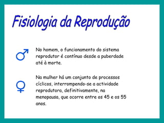 No homem, o funcionamento do sistema
reprodutor é contínuo desde a puberdade
até à morte.
Na mulher há um conjunto de processos
cíclicos, interrompendo-se a actividade
reprodutora, definitivamente, na
menopausa, que ocorre entre os 45 e os 55
anos.
 