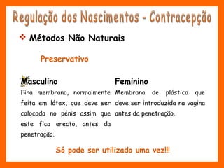 Preservativo
Masculino Feminino
Fina membrana, normalmente
feita em látex, que deve ser
colocada no pénis assim que
este fica erecto, antes da
penetração.
Membrana de plástico que
deve ser introduzida na vagina
antes da penetração.
 Métodos Não Naturais
Só pode ser utilizado uma vez!!!
 
