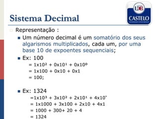 Sistema Decimal
 Representação :
 Um número decimal é um somatório dos seus
algarismos multiplicados, cada um, por uma
base 10 de expoentes sequenciais;
 Ex: 100
= 1x10² + 0x10¹ + 0x10º
= 1x100 + 0x10 + 0x1
= 100;
 Ex: 1324
=1x10³ + 3x10² + 2x10¹ + 4x10°
= 1x1000 + 3x100 + 2x10 + 4x1
= 1000 + 300+ 20 + 4
= 1324
 