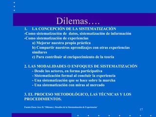 Dilemas…. LA CONCEPCIÓN DE LA SISTEMATIZACIÓN  -Como sistematización de  datos, sistematización de información -Como sistematización de experiencias a) Mejorar nuestra propia práctica b) Compartir nuestros aprendizajes con otras experiencias  similares c) Para contribuir al enriquecimiento de la teoría 2. LAS MODALIDADES O ENFOQUES DE SISTEMATIZACIÓN - Desde los actores, en forma participativa - Sistematización formal al concluir la experiencia - Una sistematización que se hace sobre la marcha - Una sistematización con miras al mercado 3. EL PROCESO METODOLÓGICO, LAS TÉCNICAS Y LOS PROCEDIMIENTOS. Fuente:Oscar Jara H. “Dilemas y Desafios de la Sistematización de Experiencias¨ 