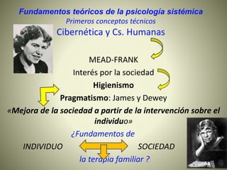 Fundamentos teóricos de la psicología sistémica
Primeros conceptos técnicos
Cibernética y Cs. Humanas
MEAD-FRANK
Interés por la sociedad
Higienismo
Pragmatismo: James y Dewey
«Mejora de la sociedad a partir de la intervención sobre el
individuo»
¿Fundamentos de
INDIVIDUO SOCIEDAD
la terapia familiar ?
 