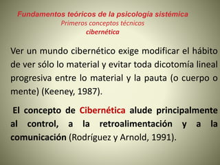Fundamentos teóricos de la psicología sistémica
Primeros conceptos técnicos
cibernética
Ver un mundo cibernético exige modificar el hábito
de ver sólo lo material y evitar toda dicotomía lineal
progresiva entre lo material y la pauta (o cuerpo o
mente) (Keeney, 1987).
El concepto de Cibernética alude principalmente
al control, a la retroalimentación y a la
comunicación (Rodríguez y Arnold, 1991).
 