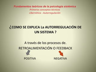 Fundamentos teóricos de la psicología sistémica
Primeros conceptos técnicos
cibernética : Autorregulación
¿COMO SE EXPLICA La AUTORREGULACIÓN DE
UN SISTEMA ?
A través de los procesos de.
RETROALIMENTACIÓN O FEEDBACK
POSITIVA NEGATIVA
 