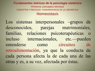 Fundamentos teóricos de la psicología sistémica
Primeros conceptos técnicos
CONCEPTOS Y PROCESOS FUNDAMENTALES DE LA CIBERNÉTICA
Homeostasis
Los sistemas interpersonales –grupos de
desconocidos, parejas matrimoniales,
familias, relaciones psicoterapéuticas o
incluso internacionales, etc.—pueden
entenderse como circuitos de
retroalimentación, ya que la conducta de
cada persona afecta la de cada una de las
otras y es, a su vez, afectada por éstas.
 