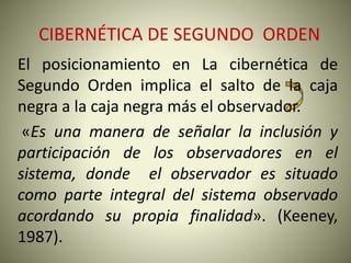 CIBERNÉTICA DE SEGUNDO ORDEN
El posicionamiento en La cibernética de
Segundo Orden implica el salto de la caja
negra a la caja negra más el observador.
«Es una manera de señalar la inclusión y
participación de los observadores en el
sistema, donde el observador es situado
como parte integral del sistema observado
acordando su propia finalidad». (Keeney,
1987).
 