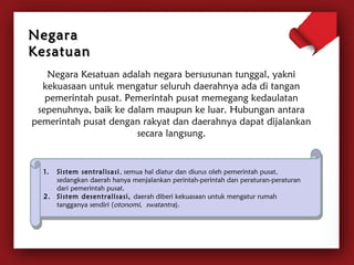 NNeeggaarraa 
KKeessaattuuaann 
Negara Kesatuan adalah negara bersusunan tunggal, yakni 
kekuasaan untuk mengatur seluruh daerahnya ada di tangan 
pemerintah pusat. Pemerintah pusat memegang kedaulatan 
sepenuhnya, baik ke dalam maupun ke luar. Hubungan antara 
pemerintah pusat dengan rakyat dan daerahnya dapat dijalankan 
secara langsung. 
1. Sistem sentralisasi , semua hal diatur dan diurus oleh pemerintah pusat, 
1. Sistem sentralisasi , semua hal diatur dan diurus oleh pemerintah pusat, 
sedangkan daerah hanya menjalankan perintah-perintah dan peraturan-peraturan 
dari pemerintah pusat. 
sedangkan daerah hanya menjalankan perintah-perintah dan peraturan-peraturan 
dari pemerintah pusat. 
2. Sistem desentralisasi, daerah diberi kekuasaan untuk mengatur rumah 
2. Sistem desentralisasi, daerah diberi kekuasaan untuk mengatur rumah 
tangganya sendiri (otonomi, swatantra). 
tangganya sendiri (otonomi, swatantra). 
 