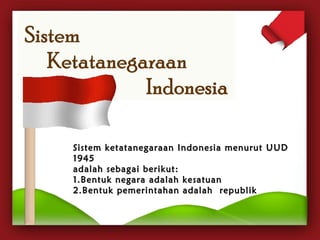Sistem ketatanegaraan Indonesia mmeennuurruutt UUUUDD 
11994455 
aaddaallaahh sseebbaaggaaii bbeerriikkuutt:: 
11..BBeennttuukk nneeggaarraa aaddaallaahh kkeessaattuuaann 
22..BBeennttuukk ppeemmeerriinnttaahhaann aaddaallaahh rreeppuubblliikk 
 
