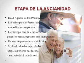 • Edad A partir de los 60 años.
• Los principales esfuerzos del
adulto llegan a su plenitud.
• Hay tiempo para la reflexión y para
gozar los nietos.(personas mas importantes)
• En esta etapa concluye el ciclo vital.
• Si el individuo ha superado las
etapas anteriores puede tener
una ancianidad satisfactoria.
 