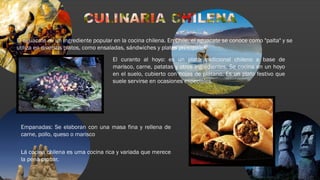El aguacate es un ingrediente popular en la cocina chilena. En Chile, el aguacate se conoce como "palta" y se
utiliza en diversos platos, como ensaladas, sándwiches y platos principales.
El curanto al hoyo: es un plato tradicional chileno a base de
marisco, carne, patatas y otros ingredientes. Se cocina en un hoyo
en el suelo, cubierto con hojas de plátano. Es un plato festivo que
suele servirse en ocasiones especiales.
Empanadas: Se elaboran con una masa fina y rellena de
carne, pollo, queso o marisco
Lá cocina chilena es uma cocina rica y variada que merece
la pena probar.
 