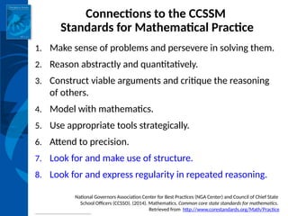 INSTITUTE for LEARNING
Connections to the CCSSM
Standards for Mathematical Practice
National Governors Association Center for Best Practices (NGA Center) and Council of Chief State
School Officers (CCSSO). (2014). Mathematics. Common core state standards for mathematics.
Retrieved from http://www.corestandards.org/Math/Practice
1. Make sense of problems and persevere in solving them.
2. Reason abstractly and quantitatively.
3. Construct viable arguments and critique the reasoning
of others.
4. Model with mathematics.
5. Use appropriate tools strategically.
6. Attend to precision.
7. Look for and make use of structure.
8. Look for and express regularity in repeated reasoning.
 