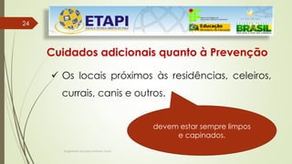 Engenheiro Zacarias Linhares Junior
2424
Cuidados adicionais quanto à Prevenção
 Os locais próximos às residências, celeiros,
currais, canis e outros.
devem estar sempre limpos
e capinados.
 
