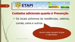 24
Cuidados adicionais quanto à Prevenção
 Os locais próximos às residências, celeiros,
currais, canis e outros.
devem estar sempre limpos
e capinados.
Engenheiro Zacarias Linhares Junior
 