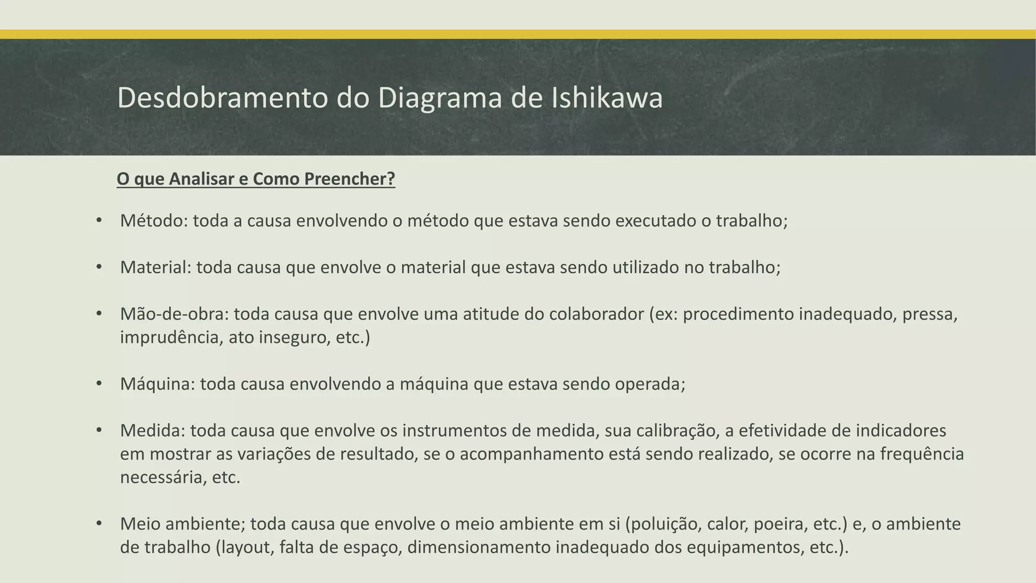 Desdobramento do Diagrama de Ishikawa 
O que Analisar e Como Preencher? 
• Método: toda a causa envolvendo o método que estava sendo executado o trabalho; 
• Material: toda causa que envolve o material que estava sendo utilizado no trabalho; 
• Mão-de-obra: toda causa que envolve uma atitude do colaborador (ex: procedimento inadequado, pressa, 
imprudência, ato inseguro, etc.) 
• Máquina: toda causa envolvendo a máquina que estava sendo operada; 
• Medida: toda causa que envolve os instrumentos de medida, sua calibração, a efetividade de indicadores 
em mostrar as variações de resultado, se o acompanhamento está sendo realizado, se ocorre na frequência 
necessária, etc. 
• Meio ambiente; toda causa que envolve o meio ambiente em si (poluição, calor, poeira, etc.) e, o ambiente 
de trabalho (layout, falta de espaço, dimensionamento inadequado dos equipamentos, etc.). 
 