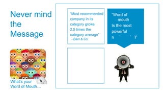 Never mind       “Most recommended
                 company in its
                                     “Word of
                                         mouth
the              category grows
                 2.5 times the
                                     Is the most
                                     powerful
Message          category average”
                 - Bain & Co.        medium of all”




What‟s your
Word of Mouth…
 