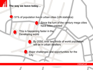 The way we leave today… 51% of population live in urban cities (UN statistics) Major challenges and opportunities for the City This is happening faster in the Developing world By 2050, over two thirds of world population will be in urban dwellers Since the turn of the century mega cities have been created 