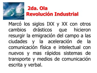 Marcó los siglos IXX y XX con otros
cambios drásticos que hicieron
resurgir la emigración del campo a las
ciudades y la aceleración de la
comunicación física e intelectual con
nuevos y mas rápidos sistemas de
transporte y medios de comunicación
escrita y verbal.
2da. Ola
Revolución Industrial
 
