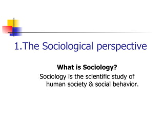 1.The Sociological perspective What is Sociology? Sociology is the scientific study of human society & social behavior. 