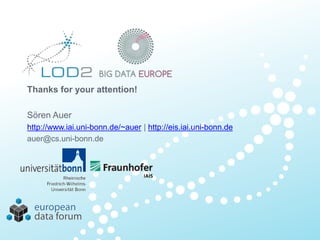 Creating Knowledge
out of Interlinked Data
Thanks for your attention!
Sören Auer
http://www.iai.uni-bonn.de/~auer | http://eis.iai.uni-bonn.de
auer@cs.uni-bonn.de
 