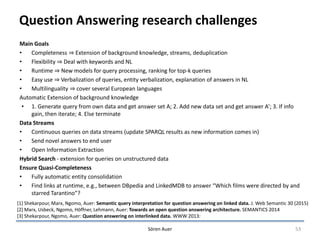 Question Answering research challenges
Main Goals
• Completeness ⇒ Extension of background knowledge, streams, deduplication
• Flexibility ⇒ Deal with keywords and NL
• Runtime ⇒ New models for query processing, ranking for top-k queries
• Easy use ⇒ Verbalization of queries, entity verbalization, explanation of answers in NL
• Multilinguality ⇒ cover several European languages
Automatic Extension of background knowledge
• 1. Generate query from own data and get answer set A; 2. Add new data set and get answer A’; 3. If info
gain, then iterate; 4. Else terminate
Data Streams
• Continuous queries on data streams (update SPARQL results as new information comes in)
• Send novel answers to end user
• Open Information Extraction
Hybrid Search - extension for queries on unstructured data
Ensure Quasi-Completeness
• Fully automatic entity consolidation
• Find links at runtime, e.g., between DBpedia and LinkedMDB to answer “Which films were directed by and
starred Tarantino”?
Sören Auer 53
[1] Shekarpour, Marx, Ngomo, Auer: Semantic query interpretation for question answering on linked data. J. Web Semantic 30 (2015)
[2] Marx, Usbeck, Ngomo, Höffner, Lehmann, Auer: Towards an open question answering architecture. SEMANTICS 2014
[3] Shekarpour, Ngomo, Auer: Question answering on interlinked data. WWW 2013:
 