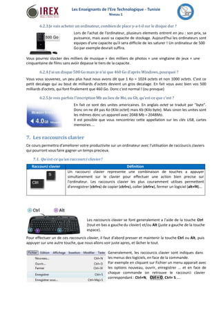 Les Enseignants de l’Ere Technologique - Tunisie 
Niveau 1 
6.2.3.Je vais acheter un ordinateur, combien de place y-a-t-il sur le disque dur ? 
Lors de l'achat de l'ordinateur, plusieurs elements entrent en jeu : son prix, sa 
puissance, mais aussi sa capacite de stockage. Aujourd'hui les ordinateurs sont 
equipes d'une capacite qu'il sera difficile de les saturer ! Un ordinateur de 500 
Go par exemple devrait suffira. 
Vous pourrez stocker des milliers de musique + des milliers de photos + une vingtaine de jeux + une 
cinquantaine de films sans avoir depasse le tiers de la capacite. 
6.2.4.J'ai un disque 500 Go mais je n'ai que 460 Go d'aprèsWindows, pourquoi ? 
Vous vous souvenez, un peu plus haut nous avons dit que 1 Ko = 1024 octets et non 1000 octets. C'est ce 
petit decalage qui au bout de milliards d'octets devient un gros decalage. En fait vous avez bien vos 500 
milliards d'octets, qui font finalement que 460 Go. Donc c'est normal ! (ou presque) 
6.2.5.Je vois parfois l'inscription Mb au lieu de Mo, ou Gb, qu'est-ce que c'est ? 
En fait ce sont des unites americaines. En anglais octet se traduit par "byte". 
Donc on ne dit pas Ko (Kilo octet) mais Kb (Kilo byte). Mais sinon les unites sont 
les mêmes donc un appareil avec 2048Mb = 2048Mo. 
Il est possible que vous rencontriez cette appellation sur les clés USB, cartes 
memoires ... 
7. Les raccourcis clavier 
Ce cours permettra d'ameliorer votre productivite sur un ordinateur avec l'utilisation de raccourcis claviers 
qui pourront vous faire gagner un temps precieux. 
7.1. Qu'est-ce qu'un raccourci clavier? 
Raccourci clavier Définition 
Un raccourci clavier represente une combinaison de touches a appuyer 
simultanement sur le clavier pour effectuer une action bien precise sur 
l'ordinateur. Les raccourcis clavier les plus couramment utilises permettent 
d'enregistrer (ctrl+s) de copier (ctrl+c), coller (ctrl+v), fermer un logiciel (alt+f4)... 
Les raccourcis clavier se font generalement a l'aide de la touche Ctrl 
(tout en bas a gauche du clavier) et/ou Alt (juste a gauche de la touche 
espace). 
Pour effectuer un de ces raccourcis clavier, il faut d'abord presser et maintenir la touche Ctrl ou Alt, puis 
appuyer sur une autre touche, que nous allons voir juste apres, et lâcher le tout. 
Generalement, les raccourcis clavier sont indiques dans 
les menus des logiciels, en face de la commande. 
Par exemple en cliquant sur Fichier un menu apparait avec 
les options nouveau, ouvrir, enregistrer ... et en face de 
chaque commande on retrouve le raccourci clavier 
correspondant : Ctrl+N, Ctrl + O, Ctrl+ S .... 
 