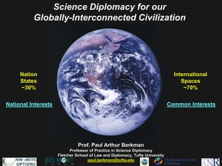 Nation
States
~30%
International
Spaces
~70%
Prof. Paul Arthur Berkman
Professor of Practice in Science Diplomacy
Fletcher School of Law and Diplomacy, Tufts University
paul.berkman@tufts.edu
National Interests Common Interests
Science Diplomacy for our
Globally-Interconnected Civilization
 