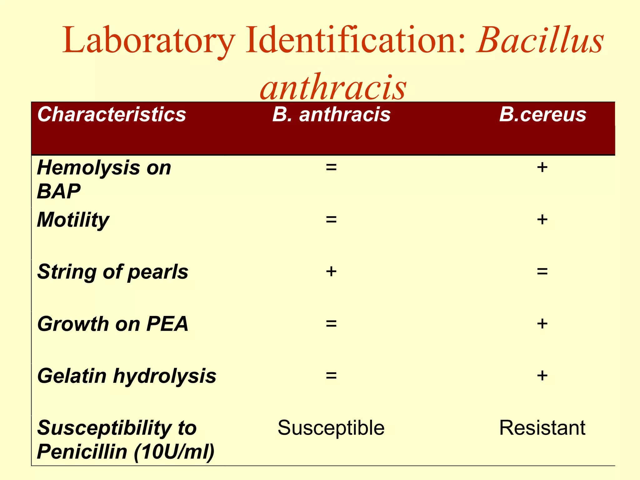 Laboratory Identification: Bacillus
anthracis

Characteristics

B. anthracis

B.cereus

Hemolysis on
BAP
Motility

=

+

=

+

String of pearls

+

=

Growth on PEA

=

+

Gelatin hydrolysis

=

+

Susceptibility to
Penicillin (10U/ml)

Susceptible

Resistant

 