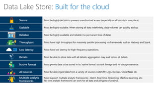 Data Lake Store: Built for the cloud
Secure Must be highly secure to prevent unauthorized access (especially as all data is in one place).
Native format Must permit data to be stored in its ‘native format’ to track lineage and for data provenance.
Low latency Must have low latency for high-frequency operations.
Must support multiple analytic frameworks—Batch, Real-time, Streaming, Machine Learning, etc.
No one analytic framework can work for all data and all types of analysis.
Multiple analytic
frameworks
Details Must be able to store data with all details; aggregation may lead to loss of details.
Throughput Must have high throughput for massively parallel processing via frameworks such as Hadoop and Spark.
Reliable Must be highly available and reliable (no permanent loss of data).
Scalable Must be highly scalable. When storing all data indefinitely, data volumes can quickly add up.
All sources Must be able ingest data from a variety of sources-LOB/ERP, Logs, Devices, Social NWs etc.
 