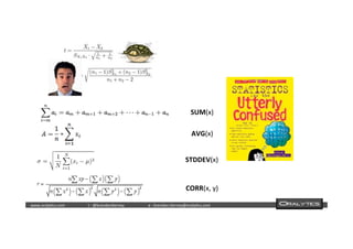  	
  	
  www.oraly)cs.com 	
  t	
  :	
  @brendan)erney 	
  e	
  :	
  brendan.)erney@oraly)cs.com	
   	
   	
   	
  	
  
SUM(x)	
  
AVG(x)	
  
STDDEV(x)	
  
CORR(x,	
  y)	
  
 