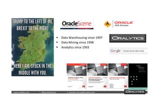  	
  	
  www.oraly)cs.com 	
  t	
  :	
  @brendan)erney 	
  e	
  :	
  brendan.)erney@oraly)cs.com	
   	
   	
   	
  	
  
§  Data	
  Warehousing	
  since	
  1997	
  
§  Data	
  Mining	
  since	
  1998	
  
§  Analy)cs	
  since	
  1993	
  
 