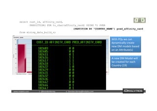  	
  	
  www.oraly)cs.com 	
  t	
  :	
  @brendan)erney 	
  e	
  :	
  brendan.)erney@oraly)cs.com	
   	
   	
   	
  	
  
select cust_id, affinity_card,
PREDICTION( FOR to_char(affinity_card) USING *) OVER
(PARTITION BY "COUNTRY_NAME") pred_affinity_card
from mining_data_build_v;
A	
  new	
  DM	
  Model	
  will	
  
be	
  created	
  for	
  each	
  
Country	
  (19)	
  
With	
  PQs	
  we	
  can	
  
dynamically	
  create	
  
new	
  DM	
  models	
  based	
  
on	
  an	
  Adribute(s)	
  	
  
 