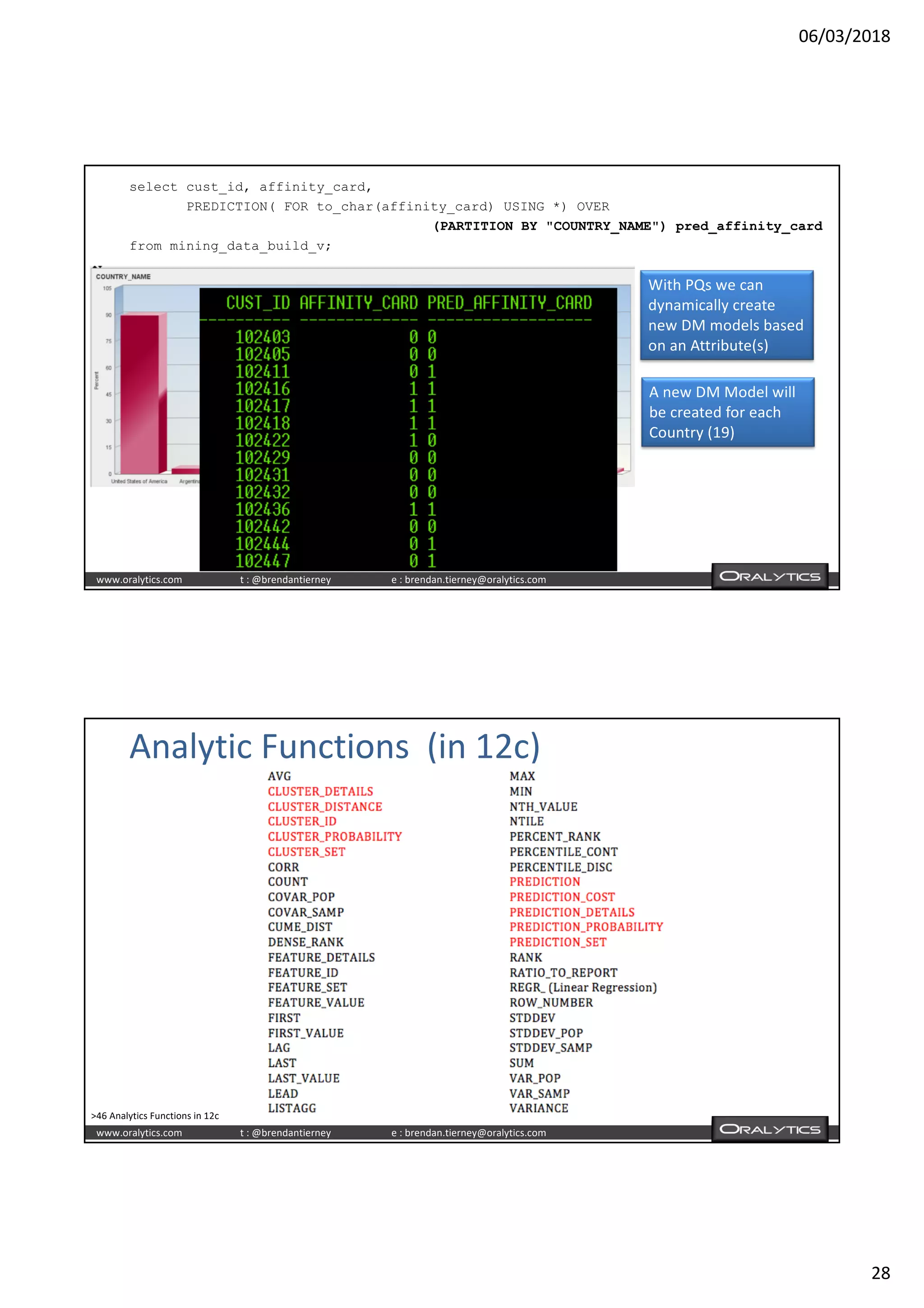 06/03/2018
28
www.oralytics.com t : @brendantierney e : brendan.tierney@oralytics.com
select cust_id, affinity_card,
PREDICTION( FOR to_char(affinity_card) USING *) OVER
(PARTITION BY "COUNTRY_NAME") pred_affinity_card
from mining_data_build_v;
A new DM Model will
be created for each
Country (19)
With PQs we can
dynamically create
new DM models based
on an Attribute(s)
www.oralytics.com t : @brendantierney e : brendan.tierney@oralytics.com
Analytic Functions (in 12c)
>46 Analytics Functions in 12c
 
