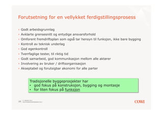 Forutsetning for en vellykket ferdigstillingsprosess

›  Godt arbeidsgrunnlag
›  Avklarte grensesnitt og entydige ansvarsforhold
›  Omforent fremdriftsplan som også tar hensyn til funksjon, ikke bare bygging
›  Kontroll av teknisk underlag
›  God egenkontroll
›  Tverrfaglige tester, til riktig tid
›  Godt samarbeid, god kommunikasjon mellom alle aktører
›  Involvering av bruker / driftsorganisasjon
›  Akseptabel og forutsigbar økonomi for alle parter



             Tradisjonelle byggeprosjekter har
             •  god fokus på konstruksjon, bygging og montasje
             •  for liten fokus på funksjon

     9. JANUAR 2013
18   SOLSTRANDKONFERANSEN 2013
 
