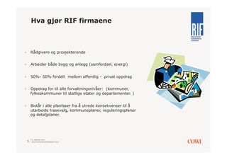 Hva gjør RIF firmaene



›  Rådgivere og prosjekterende


›  Arbeider både bygg og anlegg (samferdsel, energi)


›  50%- 50% fordelt mellom offentlig - privat oppdrag


›  Oppdrag for til alle forvaltningsnivåer: (kommuner,
   fylkeskommuner til statlige etater og departementer. )


›  Bistår i alle planfaser fra å utrede konsekvenser til å
   utarbeide trasevalg, kommuneplaner, reguleringsplaner
   og detaljplaner.




     9. JANUAR 2013
 5   SOLSTRANDKONFERANSEN 2013
 