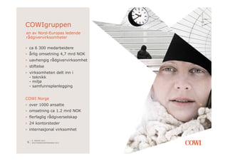 COWIgruppen
en av Nord-Europas ledende
rådgivervirksomheter

›  ca 6 300 medarbeidere
›  årlig omsetning 4,7 mrd NOK
›  uavhengig rådgivervirksomhet
›  stiftelse
›  virksomheten delt inn i
   - teknikk
   - miljø
   - samfunnsplanlegging


COWI Norge
›  over 1000 ansatte
›  omsetning ca 1.2 mrd NOK
›  flerfaglig rådgiverselskap
›  24 kontorsteder
›  internasjonal virksomhet

     9. JANUAR 2013
 6   SOLSTRANDKONFERANSEN 2013
 