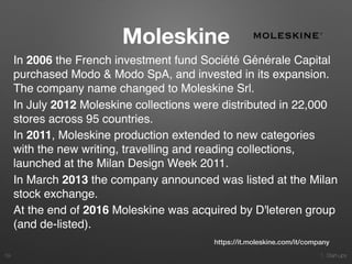 1. Start-ups
Moleskine
39
https://it.moleskine.com/it/company
In 2006 the French investment fund Société Générale Capital
purchased Modo & Modo SpA, and invested in its expansion.
The company name changed to Moleskine Srl.
In July 2012 Moleskine collections were distributed in 22,000
stores across 95 countries.
In 2011, Moleskine production extended to new categories
with the new writing, travelling and reading collections,
launched at the Milan Design Week 2011.
In March 2013 the company announced was listed at the Milan
stock exchange.
At the end of 2016 Moleskine was acquired by D'leteren group
(and de-listed).
 