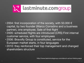1. Start-ups
• 2004: ﬁrst incorporation of the society, with 50.000 €
capital, by two founder (Marco Corradino and a business
partner), one employee. Sale of ﬁrst ﬂight 

• 2005: scheduled ﬂights are introduced (CRS) First internal
customer service, with four employees 

• 2006: Bravoﬂy Group is constituted, service for the
European market starts, in four languages

• 2010: they reinforced their top management and changed
shareholders structure
19
http://www.lastminutegroup.com/about-us/our-history.aspx
 