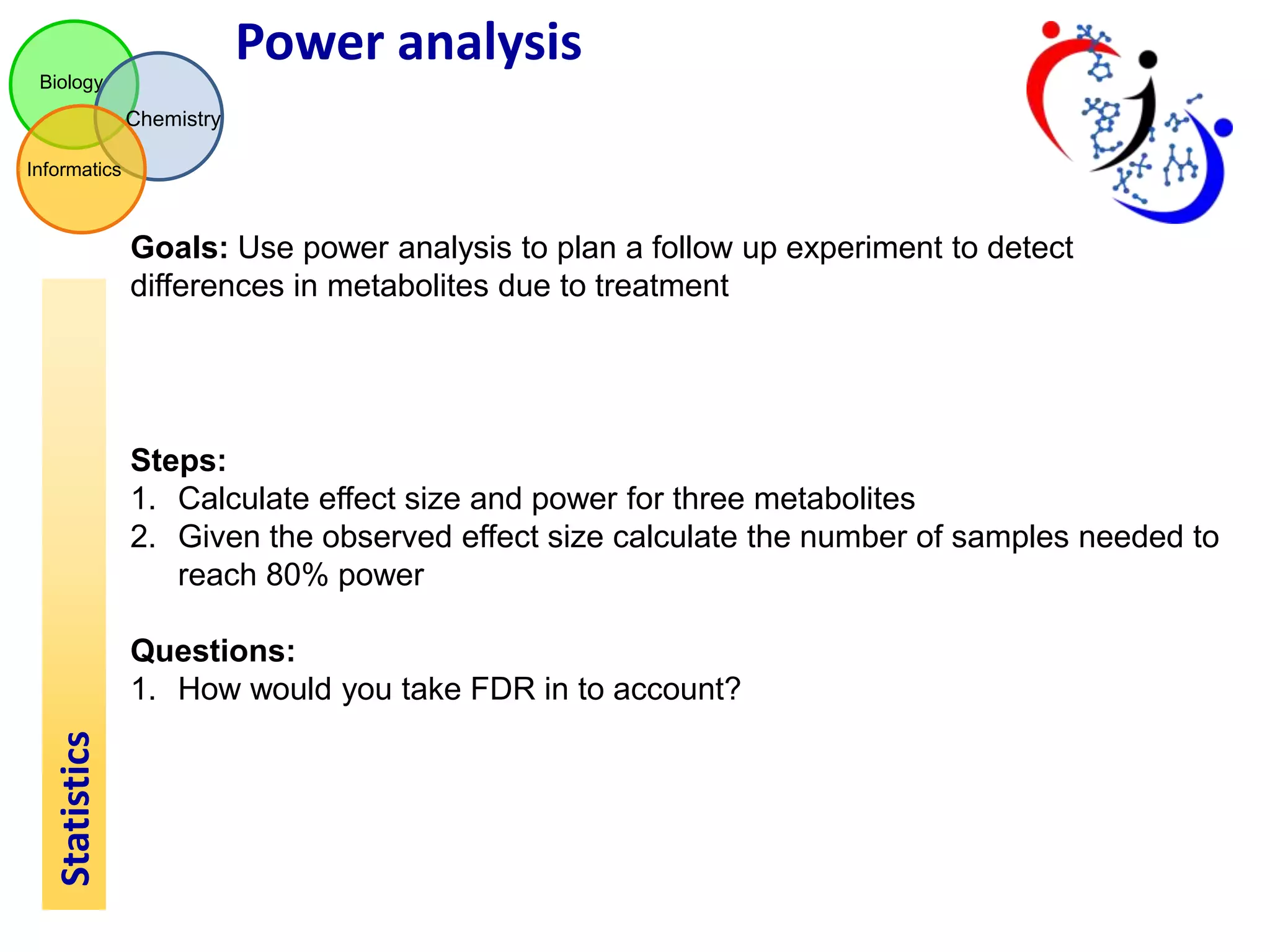 Power analysis
Biology

Chemistry
Informatics

Goals: Use power analysis to plan a follow up experiment to detect
differences in metabolites due to treatment

Steps:
1. Calculate effect size and power for three metabolites
2. Given the observed effect size calculate the number of samples needed to
reach 80% power

Statistics

Questions:
1. How would you take FDR in to account?

 
