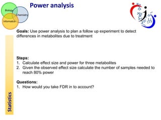 Power analysis
Biology

Chemistry
Informatics

Goals: Use power analysis to plan a follow up experiment to detect
differences in metabolites due to treatment

Steps:
1. Calculate effect size and power for three metabolites
2. Given the observed effect size calculate the number of samples needed to
reach 80% power

Statistics

Questions:
1. How would you take FDR in to account?

 