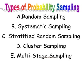 A.Random Sampling
B. Systematic Sampling
C. Stratified Random Sampling
D. Cluster Sampling
E. Multi-Stage Sampling
jfermin@spup
 