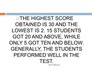  THE HIGHEST SCORE
OBTAINED IS 30 AND THE
LOWEST IS 2. 15 STUDENTS
GOT 20 AND ABOVE, WHILE
ONLY 5 GOT TEN AND BELOW.
GENERALLY, THE STUDENTS
PERFORMED WELL IN THE
TEST.
jfermin@spup
 