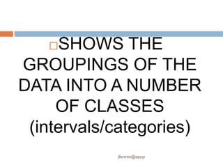 SHOWS THE
GROUPINGS OF THE
DATA INTO A NUMBER
OF CLASSES
(intervals/categories)
jfermin@spup
 