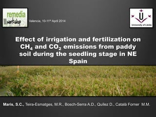 Effect of irrigation and fertilization on
CH4 and CO2 emissions from paddy
soil during the seedling stage in NE
Spain
Maris, S.C., Teira-Esmatges, M.R., Bosch-Serra A.D., Quílez D., Català Forner M.M.
Valencia, 10-11th April 2014
University of Lleida
 