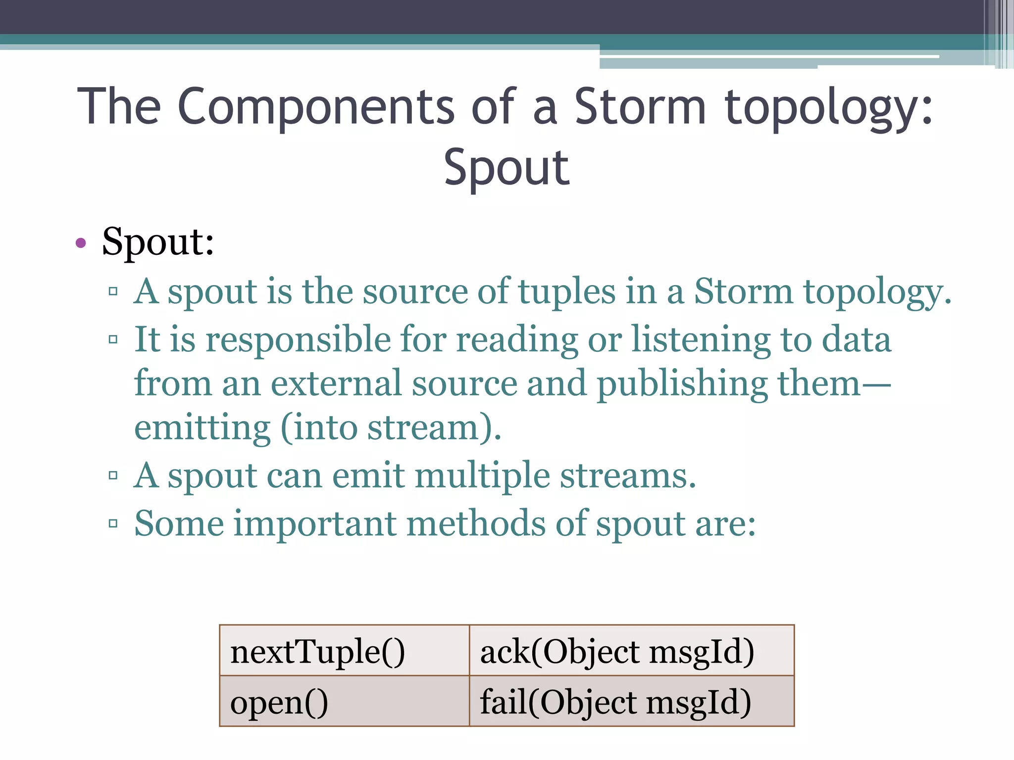 The Components of a Storm topology:
Spout
• Spout:
▫ A spout is the source of tuples in a Storm topology.
▫ It is responsible for reading or listening to data
from an external source and publishing them—
emitting (into stream).
▫ A spout can emit multiple streams.
▫ Some important methods of spout are:
nextTuple() ack(Object msgId)
open() fail(Object msgId)
 