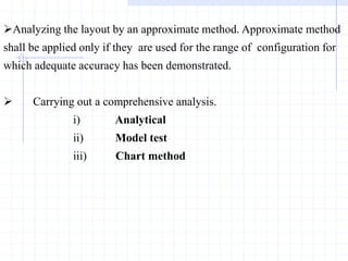 Analyzing the layout by an approximate method. Approximate method
shall be applied only if they are used for the range of configuration for
which adequate accuracy has been demonstrated.
 Carrying out a comprehensive analysis.
i) Analytical
ii) Model test
iii) Chart method
 