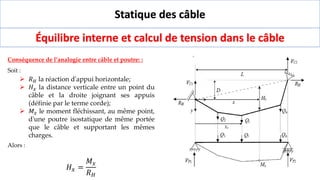 Statique des câble
Équilibre interne et calcul de tension dans le câble
Conséquence de l’analogie entre câble et poutre: :
Soit :
➢ 𝑅𝐻 la réaction d'appui horizontale;
➢ 𝐻𝑥 la distance verticale entre un point du
câble et la droite joignant ses appuis
(définie par le terme corde);
➢ 𝑀𝑥 le moment fléchissant, au même point,
d'une poutre isostatique de même portée
que le câble et supportant les mêmes
charges.
Alors :
𝐻𝑥 =
𝑀𝑥
𝑅𝐻
 