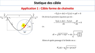 Statique des câble
Application 1 : Câble forme de chainette
𝑑𝑥
𝑑𝑦
−𝑇V x + 𝑑𝑥 + 𝑇𝑉 𝑥 + 𝑞𝑑𝑙 = 0
On divise la première équation par 𝑑𝑥 :
−
𝑇V x + 𝑑𝑥 − 𝑇𝑉 𝑥
𝑑𝑥
+ 𝑞
𝑑𝑙
𝑑𝑥
= 0
Or :
𝑑𝑙 = 𝑑𝑥2 + 𝑑𝑦2 = 𝑑𝑥 1 +
𝑑𝑦
𝑑𝑥
2
Alors et après passage à la limite on a :
𝑻′𝑽 𝐱 = 𝒒 𝟏 + (𝒚′(𝒙))𝟐
 